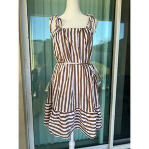 NWT women's brown striped dress loose fitting fall Shoulder Tie dress MEDIUM